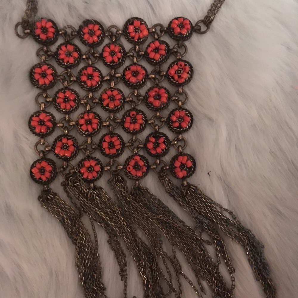 Necklace beaded flower orange choker silver tassel